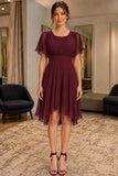 Burgundy Scoop Neck Ruffled Chiffon Short Dress - front