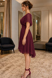Burgundy Scoop Neck Ruffled Chiffon Short Dress - side