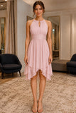 Pearl Pink Spaghetti Strap High Low Chiffon Prom Bridesmaid Dress - front