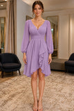 Lilac Long Sleeves V-Neck High Low Short Dress - front