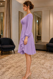 Lilac Long Sleeves V-Neck High Low Short Dress - side