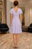 Lavender V-Neck Pockets A-line Short Chiffon Dress - back