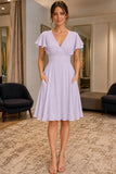 Lavender V-Neck Pockets A-line Short Chiffon Dress - front