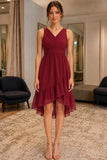 Burgundy V-Neck Asymmetrical High Low Chiffon Bridesmaid Dress - front