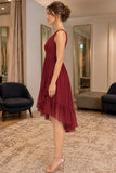 Burgundy V-Neck Asymmetrical High Low Chiffon Bridesmaid Dress - side