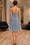 Dusty Blue A-line Corset Knee-Length Party Dress - back