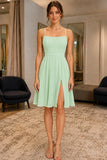 Mint Square Neck Knee-Length Chiffon Short Dress - front