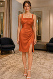 Burnt Orange Square Neck Cut Out Sexy Short Dress - front