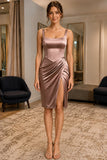 Mocha Square Neck High Slit Sexy Short Dress - front