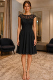 Black Jewel Neck Cap Sleeves Knee-Length Bridesmaid Dress - front
