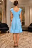 Light Sky Blue Ruffled Knee-Length Slit Short Dress - back