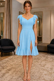 Light Sky Blue Ruffled Knee-Length Slit Short Dress - front