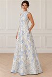 High Neck Jacquard A-Line Pockets Prom Evening Dress - 45-degree