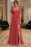 Flutter-Sleeve Cap Sleeves Chiffon Prom Bridesmaid Dress - back