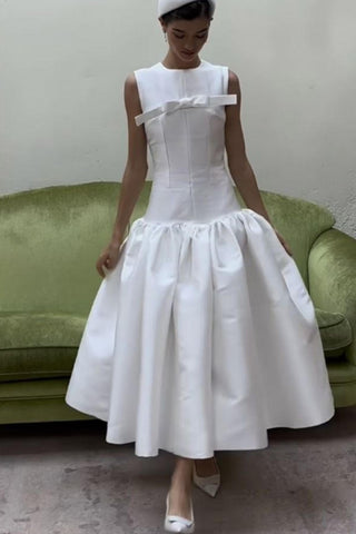 White Sleeveless Satin Ruffled Cocktail Dress