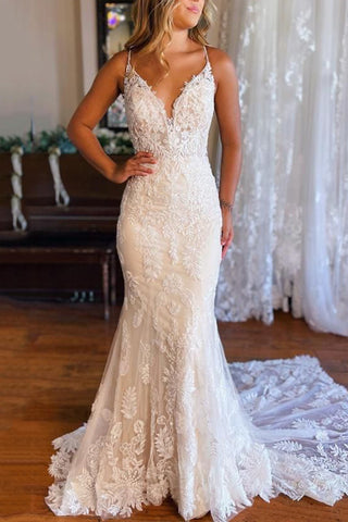 White Vintage Applique Lace Mermaid Wedding Dress