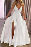 Strapless Sexy White V-neck High Slit Prom Dress
