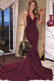 Backless Sexy Burgundy Low V-neck Evening Mermaid Formal Dress