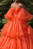 Orange Sweetheart Off The Shoulder Ruffled Evening Ball Gown Dresses