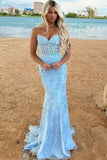 Light Sky Blue Strapless Corset Mermaid Lace Evening Dress