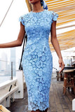 Sky Blue Lace Fitted Midi Dress