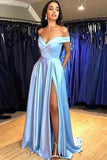 Chic Light Sky Blue Off-the-shoulder High Slit Evening Dress