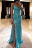 Blue Sparkly V-neck Sequined High Slit Prom Dress