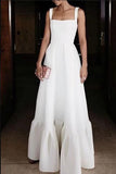 White A-line Floor Ruffled Square Bridesmaids Evening Dress