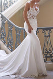 Elegant White Mermaid Lace V-neck Spaghetti Straps Wedding Dress