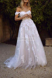 White Applique Off-The-Shoulder Flower Tulle Wedding Dress Dresses