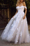 White Applique Off-The-Shoulder Flower Tulle Wedding Dress Dresses