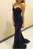 Strapless Dark Navy Spaghetti Straps Mermaid Long Dress Evening Gown.