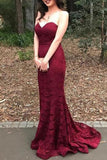 Sexy Burgundy Strapless Sweetheart Lace Evening Formal Dress Dresses