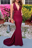 Burgundy Mermaid Deep V-Neck Open Back Prom Dress