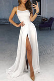 Simple White Slit Spaghetti Straps Long Prom Dress