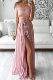 Sexy Pearl Pink Two Pieces Off Shoulder Pleated Silt Prom Dress Dresses