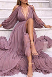 Chic Deep V-neck Long Sleeves Slit Ruffled Prom Dress