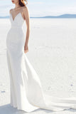 Simple White V-neck A-line Spaghetti Straps Long Prom Dress