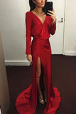 Sexy Red Long Sleeves Open Back V-Neck Slit Prom Dress Dresses