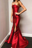 Robe de soirée longue sexy sirène rouge sans bretelles avec fente