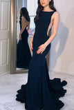 Navy Blue Bateau Mermaid Open Back Sleeveless Evening Prom Dress Dresses