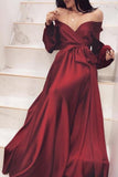 Chic Burgundy Off Shoulder Long Sleeve A-Line Prom Dress