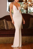 Simple Ivory Deep V-Neck Spaghetti Straps Evening Gown Long Dress Dresses