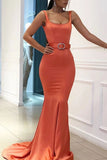 Orange Mermaid Open Back Square Neck Belt Long Prom Dress Dresses