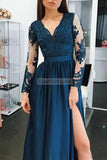 Dark Navy V-Neck Long Sleeves Lace A-Line Slit Prom Dress Dresses