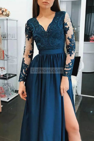 products/2232_Dark_Navy_V-neck_Long_Sleeves_Lace_A-Line_Slit_Prom_Dress_2_598.jpg