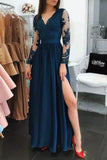 Dark Navy V-Neck Long Sleeves Lace A-Line Slit Prom Dress Dresses