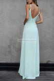 Simple Mint A-Line Two Slit V-Neck Open Back Long Prom Dress Dresses