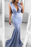 Sexy Light Sky Blue Deep V-Neck Mermaid Ruffled Sleeveless Prom Dress Dresses