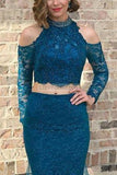 Ink Blue Two Pieces Beaded Long Sleeves Lace Mermaid Prom Dress Dresses